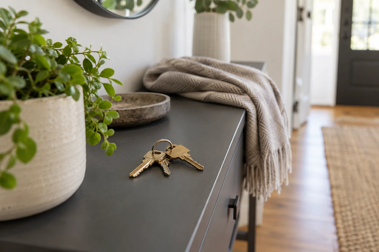 House keys on a hallway console beside a plant